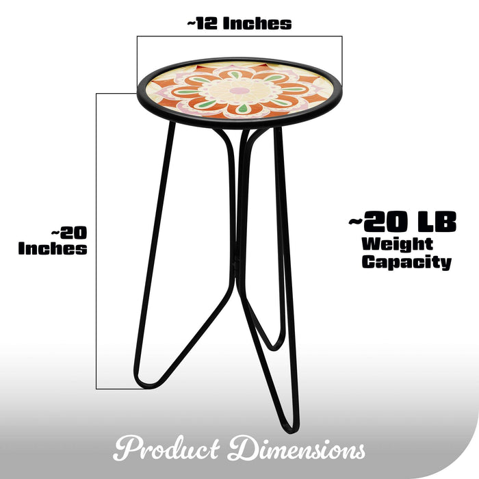 G128 12 in Round Glass Outdoor Side Table Purple Mandala Pattern | Decorative Plant Stand, Small End Table for Garden Patio Porch Living Room