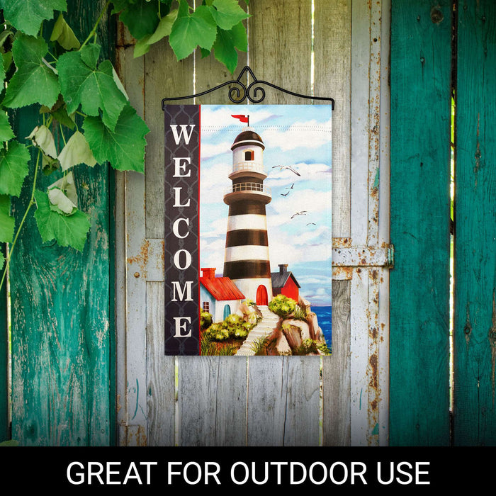 G128 Combo Pack Garden Flag Hanger 14IN & Garden Flag Welcome Lighthouse Beach Printed 12x18IN Double Sided
