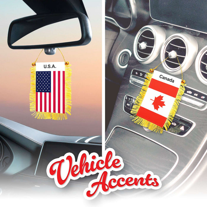 G128 Combo Pack: American USA & Canada Canadian Fringy Flag Double Sided 3x5 In | Both Fringy Hanging Flag with Suction Cup