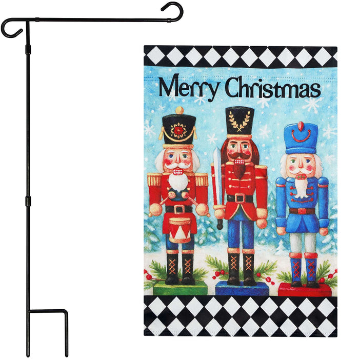 G128 36x16IN Garden Flag Stand & 12x18 Merry Christmas Nutcrackers Flag Kit