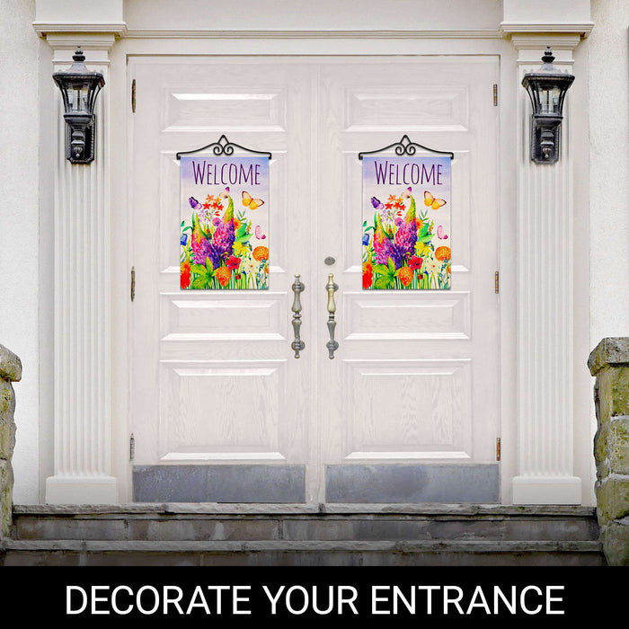 G128 Combo Pack Garden Flag Hanger 14IN & Garden Flag Spring Floral Butterfly Welcome Printed 12x18IN Double Sided Yard Garden Lawn Decoration
