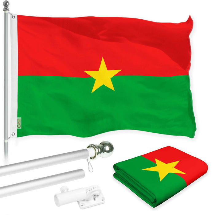 G128 Combo Pack: 6 Ft Twist Free Aluminum Spinning Flagpole (Silver) & Burkina Faso Flag | 3x5 Ft | LiteWeave Pro Series Printed 150D Polyester | Pole with Flag Included