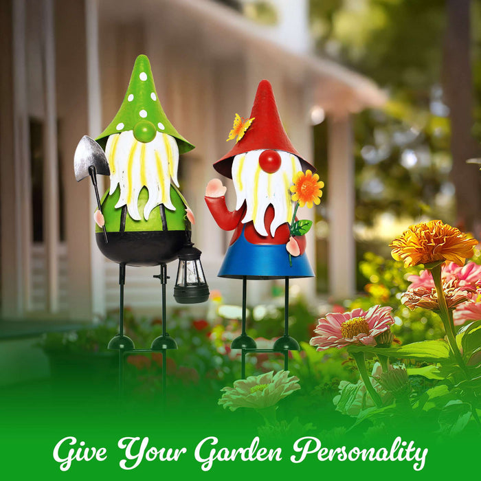 G128 Solar Gnome Garden Statues Set of 2 | 18IN Metal Gnome Outdoor Decorations with LED Lights for Garden, Lawn, Patio