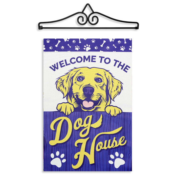 G128 Combo Pack Garden Flag Hanger 14IN & Garden Flag Welcome to the Dog House Yellow Labrador Printed 12x18IN Double Sided Yard Lawn Decoration