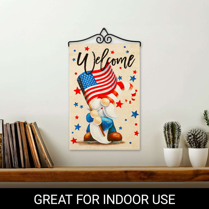 G128 Combo Pack Garden Flag Hanger 14IN & Garden Flag Welcome Patriotic Gnome Printed 12x18IN Double Sided