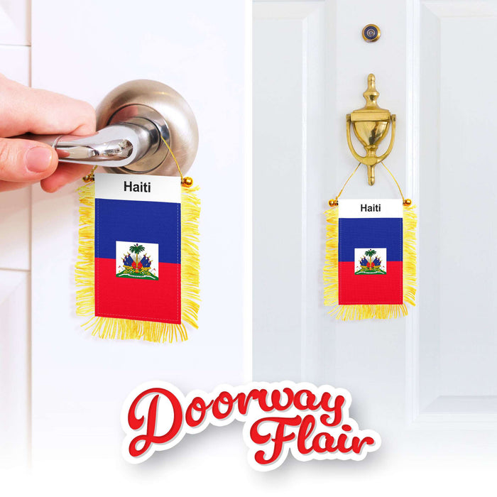 G128 2 Pack: Haiti Haitian Fringy Flag | 3x5IN | Fringy Hanging Double Sided Flag with Suction Cup, Window and Car Rearview Mirror Decor