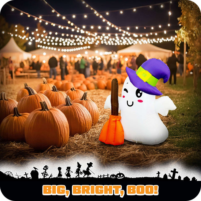 G128 3.5FT inflatable Halloween ghost in a witch hat holding a broom, glowing on a front porch