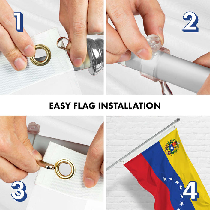 G128 Combo Pack: 6 Ft Twist Free Aluminum Spinning Flagpole (Silver) & Venezuela 7 Stars Flag | 3x5 Ft | LiteWeave Pro Series Printed 150D Polyester | Pole with Flag Included