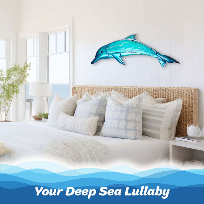 G128 36 in Blue Dolphin Metal Wall Art Decor | Ocean Marine Theme Indoor Outdoor Wall Art Hanging Decor for Bedroom, Living Room, Garden, Patio