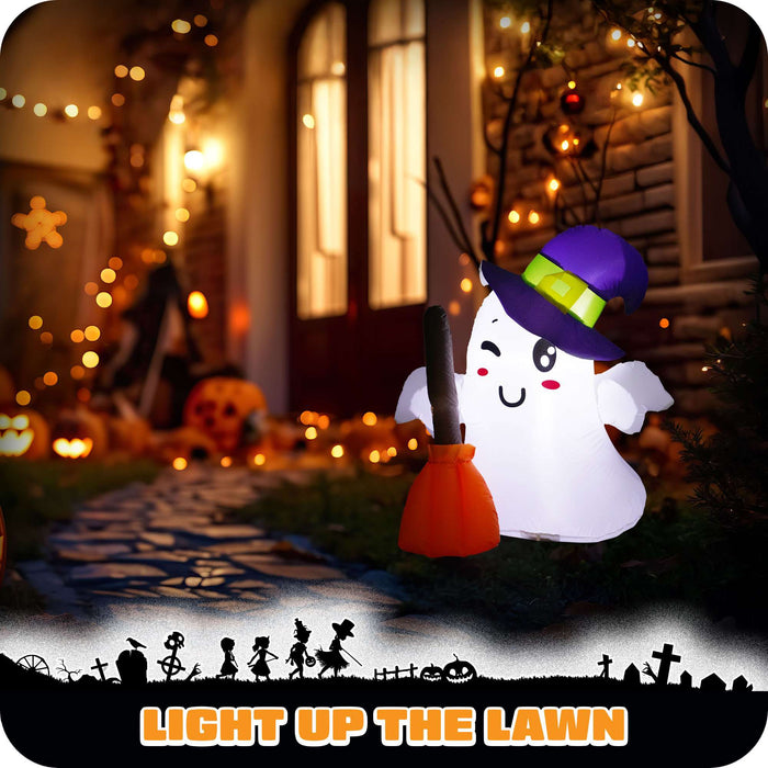 G128 3.5FT inflatable Halloween ghost in a witch hat holding a broom, glowing on a front porch