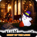 G128 3.5FT inflatable Halloween ghost in a witch hat holding a broom, glowing on a front porch