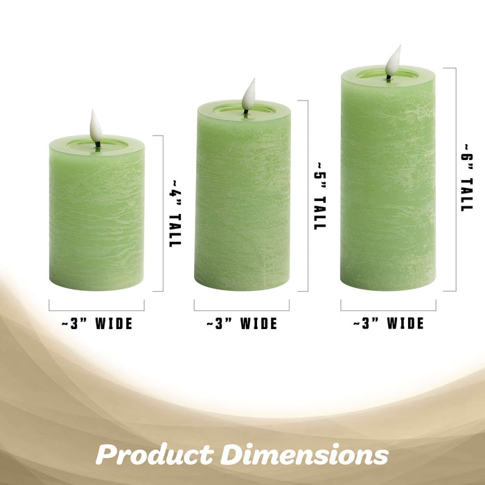 G128 set of three green flameless LED pillar candles in 6, 5, and 4 inch heights