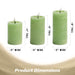 G128 set of three green flameless LED pillar candles in 6, 5, and 4 inch heights