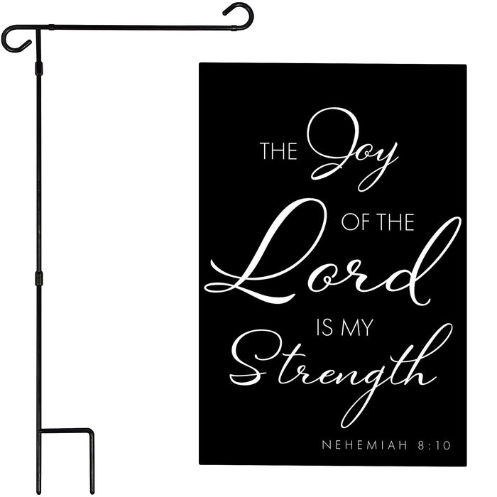 G128 Combo Pack: Garden Flag Stand Black 36x16IN & Garden Flag Joy of the Lord Scripture Printed 12x18IN Double Sided Yard Lawn Decoration