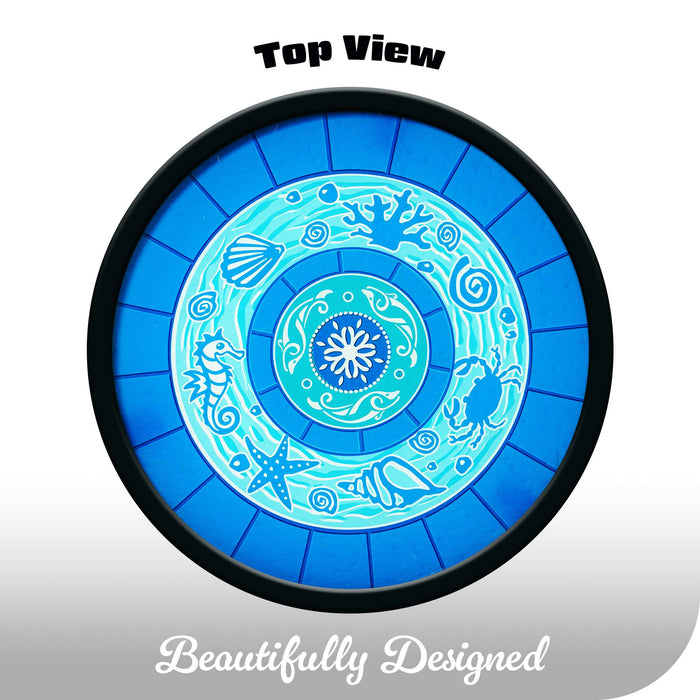 G128 12 in Round Glass Outdoor Side Table Ocean Pattern | Decorative Plant Stand, Small End Table for Garden Patio Porch Living Room