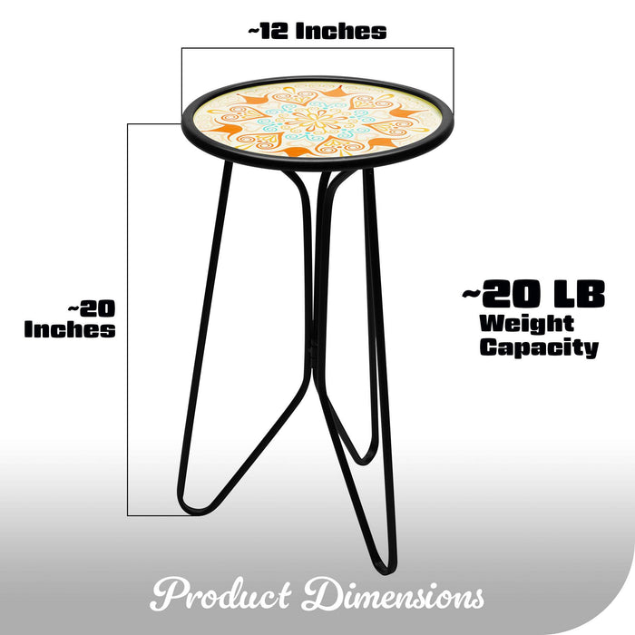 G128 12 in Round Glass Outdoor Side Table Orange Mandala Pattern | Decorative Plant Stand, Small End Table for Garden Patio Porch Living Room