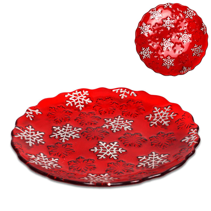 G128 red snowflake glass Christmas serving platter, 12 inch holiday plate