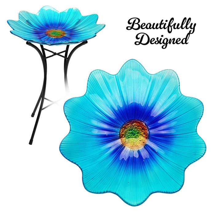 G128 19 Inch Height Glass Bird Baths with Metal Stand | Decorative Blue BirdBaths Bowl Outdoor Garden Bird Feeder