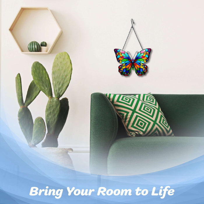 G128 butterfly stained glass suncatcher window hanging ornament with metal frame, 10 inch nominal size