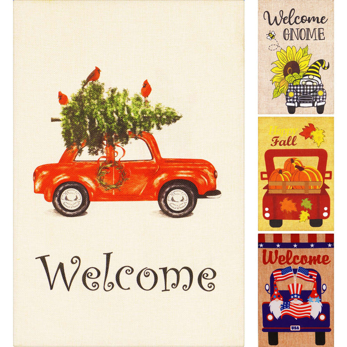 G128 set of 4 christmas tree and pumpkin trucks garden flags, 12x18 inch