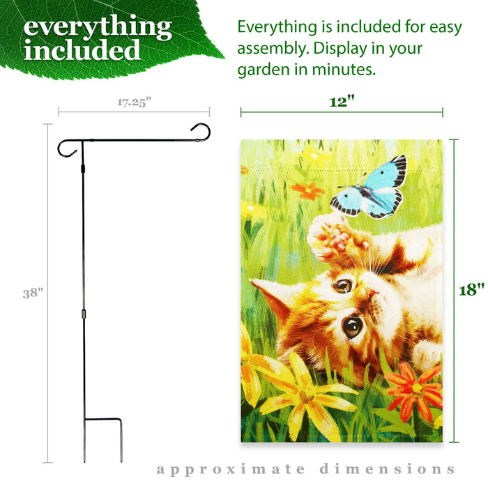 G128 Combo Pack: Garden Flag Stand 36x16IN & Garden Flag Kitten Butterfly Flowers Printed 12x18IN Double Sided