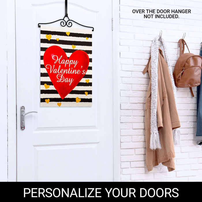 G128 Combo Pack Garden Flag Hanger 14IN & Garden Flag Happy Valentine's Day Striped Heart Printed 12x18IN Double Sided