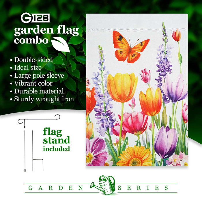 G128 36x16IN Garden Flag Stand & 12x18 Spring Tulip Butterfly Flag Kit