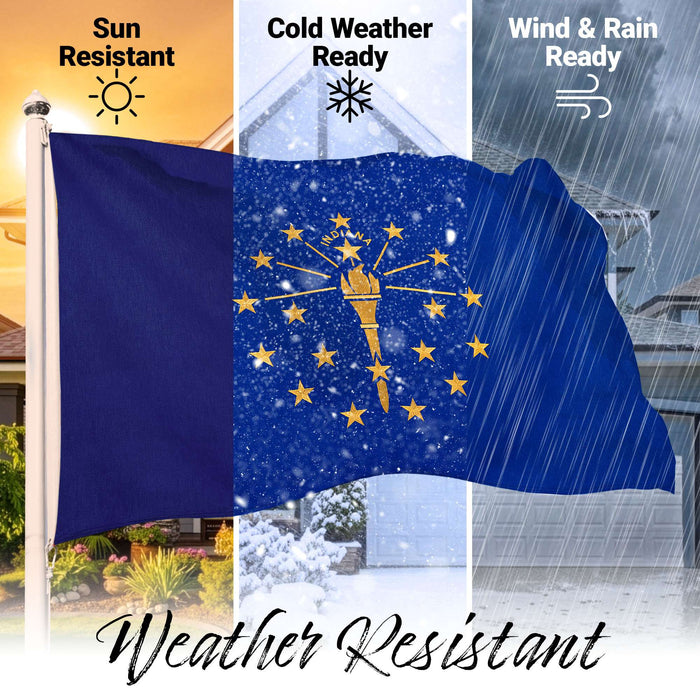 G128 Indiana State Flag | 2x3 Ft | StormFlyer Series Embroidered 220GSM Spun Polyester | Embroidered Design, Indoor/Outdoor, Brass Grommets, Heavy Duty, All Weather
