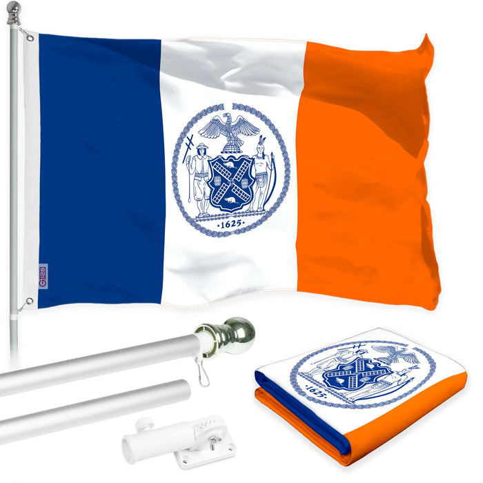 G128 Combo Pack: 6 Ft Twist Free Aluminum Spinning Flagpole (Silver) & New York Flag | 3x5 Ft | LiteWeave Pro Series Printed 150D Polyester | Pole with Flag Included