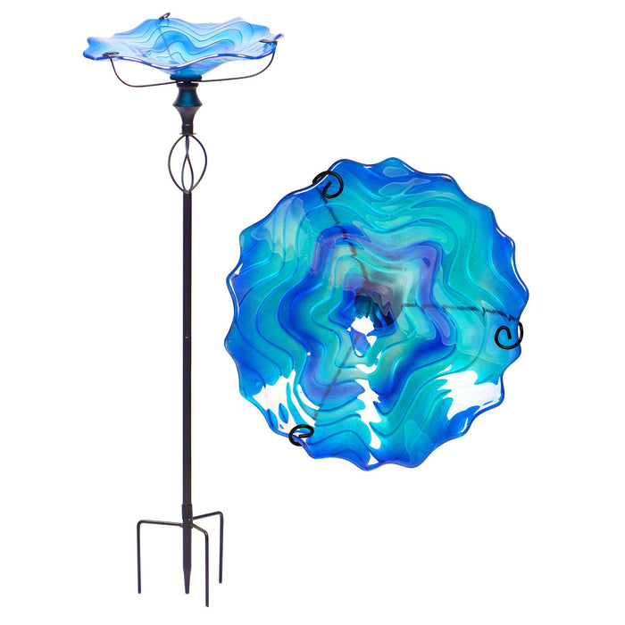 G128 32 Inch Height Glass Bird Baths with Metal Stake | Decorative Blue Outdoor Garden Bird Feeder