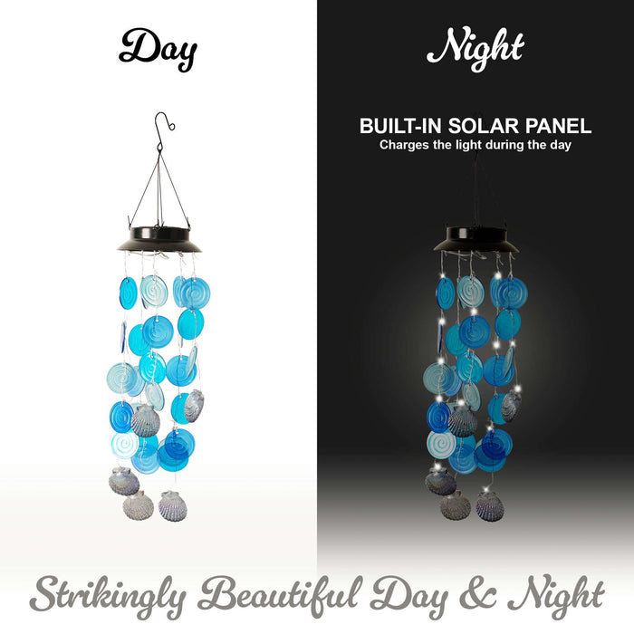 G128 Solar Wind Chime Sea Shell for Outside with Lights | Coastal Ocean Theme Windchimes Outdoors for Home Garden Patio Decor Unique Birthday Gifts