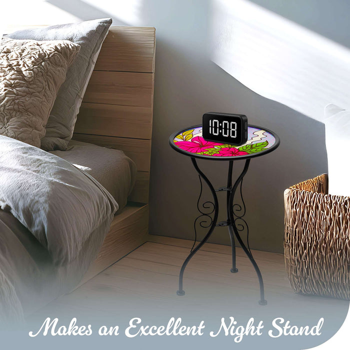 G128 14 in Round Glass Outdoor Side Table Butterfly Floral Pattern | Decorative Plant Stand, Small End Table for Garden Patio Porch Living Room