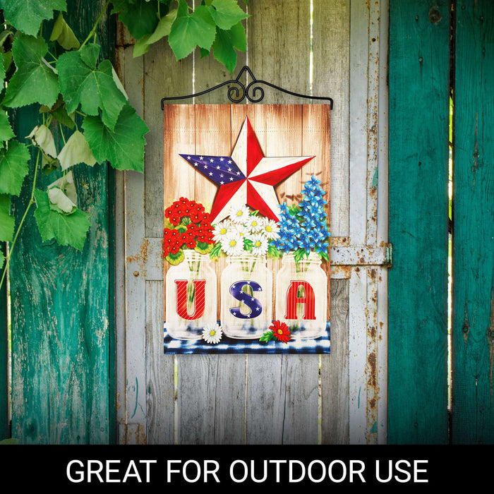 G128 Combo Pack Garden Flag Hanger 14IN & Garden Flag USA Star Flowers Printed 12x18IN Double Sided