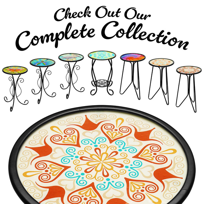 G128 12 in Round Glass Outdoor Side Table Orange Mandala Pattern | Decorative Plant Stand, Small End Table for Garden Patio Porch Living Room