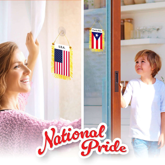 G128 Combo Pack: American USA & Puerto Rico Fringy Flag Double Sided 3x5 In | Both Fringy Hanging Flag with Suction Cup