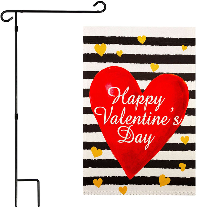 G128 Combo Pack: Garden Flag Stand 36x16IN & Garden Flag Happy Valentine's Day Striped Heart Printed 12x18IN Double Sided