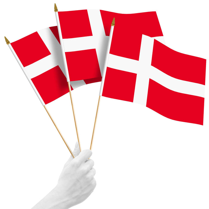 G128 10 Pack Handheld Denmark Stick Flags | 12x18 In | Printed 150D Polyester, Country Flag, Solid Plastic Stick, Spear White Tip