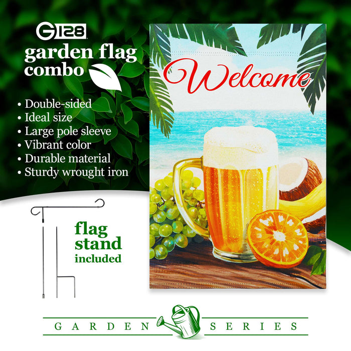 G128 Combo Pack: Garden Flag Stand 36x16IN & Garden Flag Welcome Beach Drink Printed 12x18IN Double Sided