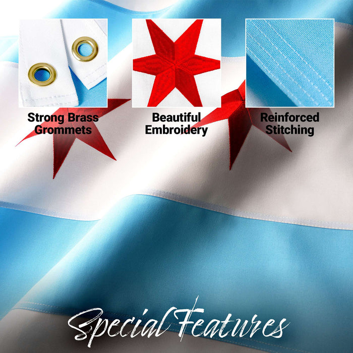 Chicago City Flag 2x3FT Embroidered 220GSM Spun Polyester Illinois
