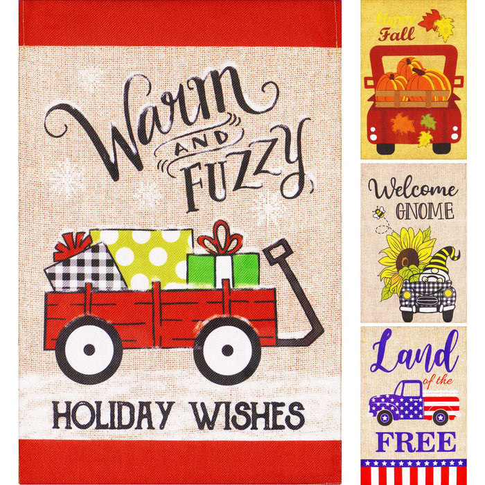 G128 set of 4 seasonal pickup trucks garden flags, 12x18 inch