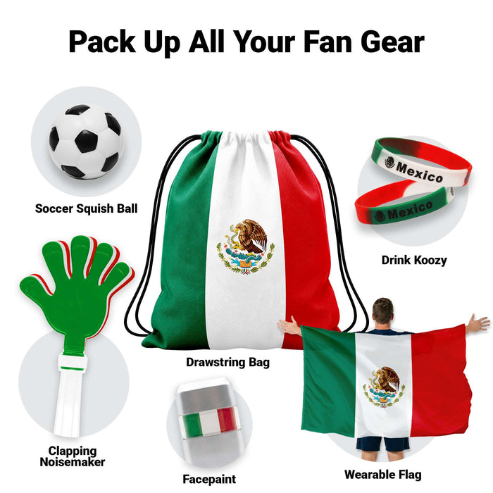 G128 World Soccer Tournament 2026 Cup Soccer Fan Set 6PCS, Mexico Fan Merch with Flag and Bracelet, Accessories for Sports Parties