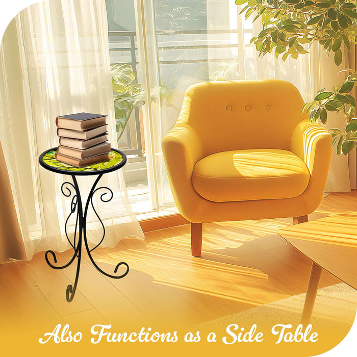 G128 12 in Round Glass Outdoor Side Table Butterfly Pattern | Decorative Plant Stand, Small End Table for Garden Patio Porch Living Room