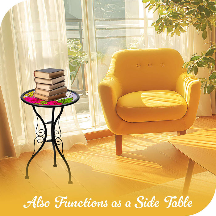G128 14 in Round Glass Outdoor Side Table Butterfly Floral Pattern | Decorative Plant Stand, Small End Table for Garden Patio Porch Living Room