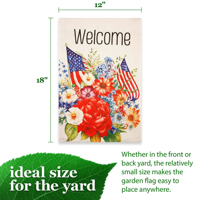 G128 Welcome American Flag Flowers Garden Flag 12x18 In Double Sided Independence Day Yard Garden Lawn Decoration