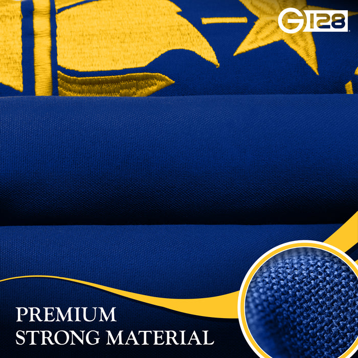 G128 Indiana State Flag | 5x8 Ft | StormFlyer Series Embroidered 220GSM Spun Polyester | Embroidered Design, Indoor/Outdoor, Brass Grommets, Heavy Duty, All Weather