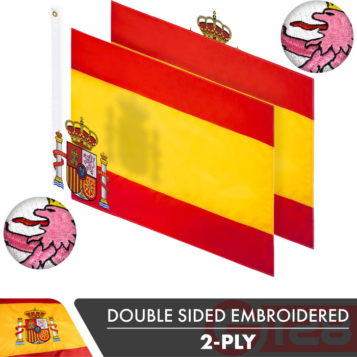 G128 Spain (Spanish) Flag | 3x5 feet | Double Sided Embroidered 210D Indoor/Outdoor, Brass Grommets, Heavy Duty Polyester