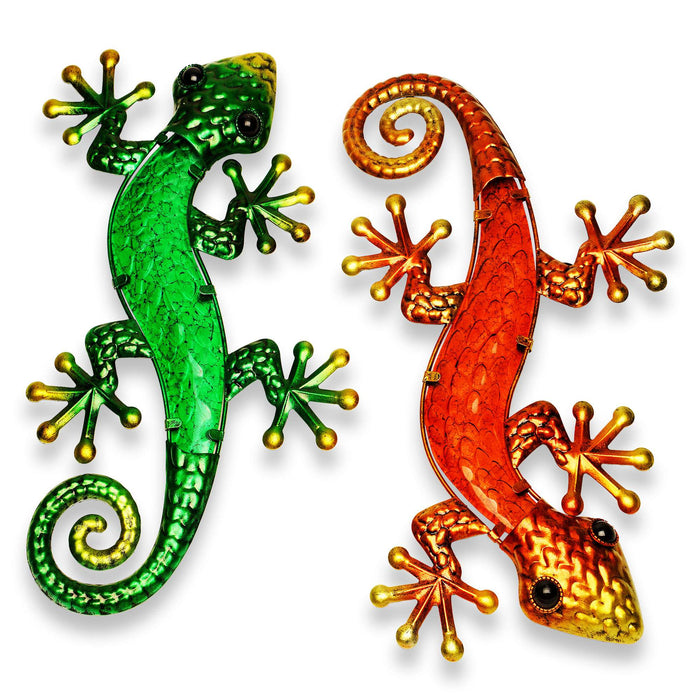 G128 Lizard Gecko Metal Wall Art Set | Green Orange Gecko Lizard Metal Indoor Outdoor Wall Art Hanging Decor for Bedroom, Living Room, Garden, Patio