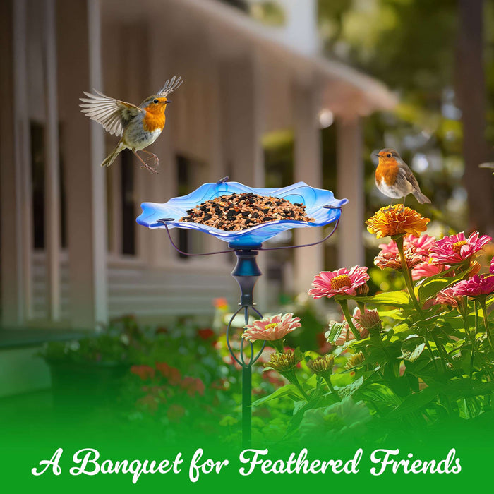 G128 32 Inch Height Glass Bird Baths with Metal Stake | Decorative Blue Outdoor Garden Bird Feeder