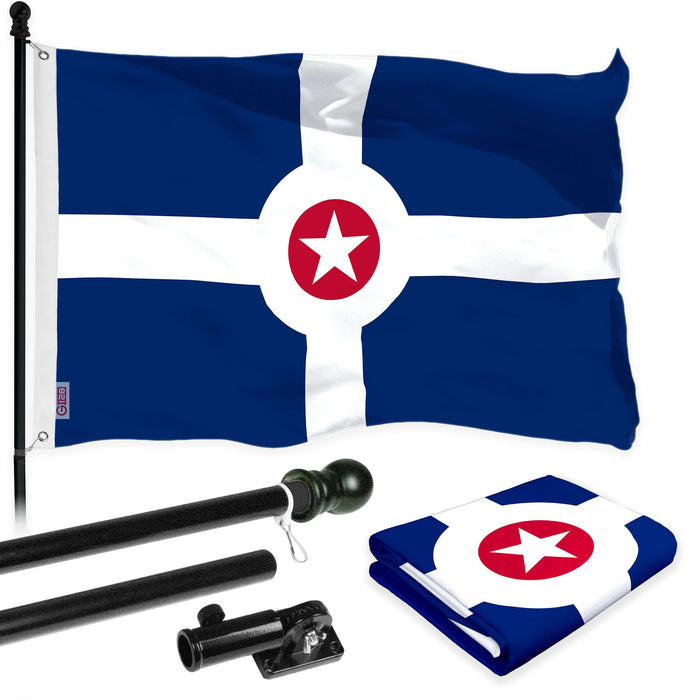 G128 Combo Pack: 6 Ft Twist Free Aluminum Spinning Flagpole (Black) & Indianapolis Flag | 3x5 Ft | LiteWeave Pro Series Printed 150D Polyester | Pole with Flag Included