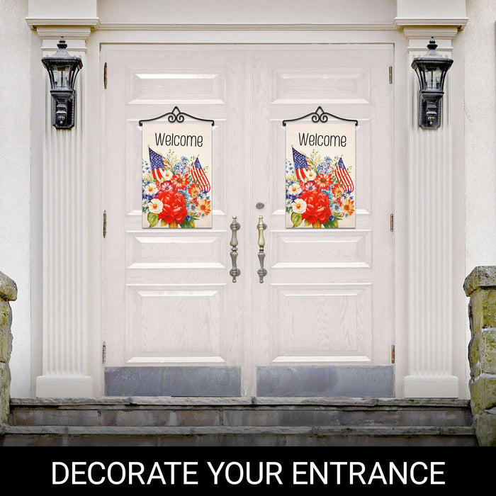 G128 Combo Pack Garden Flag Hanger 14IN & Garden Flag Welcome  Flowers Printed 12x18IN Double Sided Yard Garden Lawn Decoration